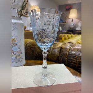 1 Fostoria Navarre Blue Crystal Water Goblet 7 5/8” Wine Glass Etched *flea Bite